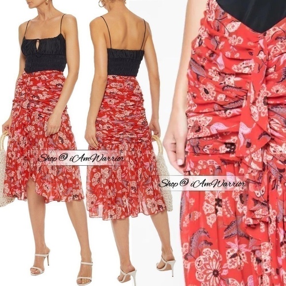 Cinq a Sept NWT ruched ruffle floral cherry red midi skirt *Shop@iAmWarrior - Picture 3 of 13